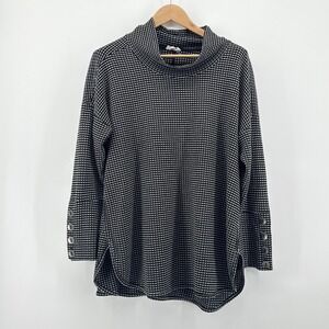 Westbound Woman 1X Black White Textured‎ Checked Mock Neck Button Cuff Tunic Top